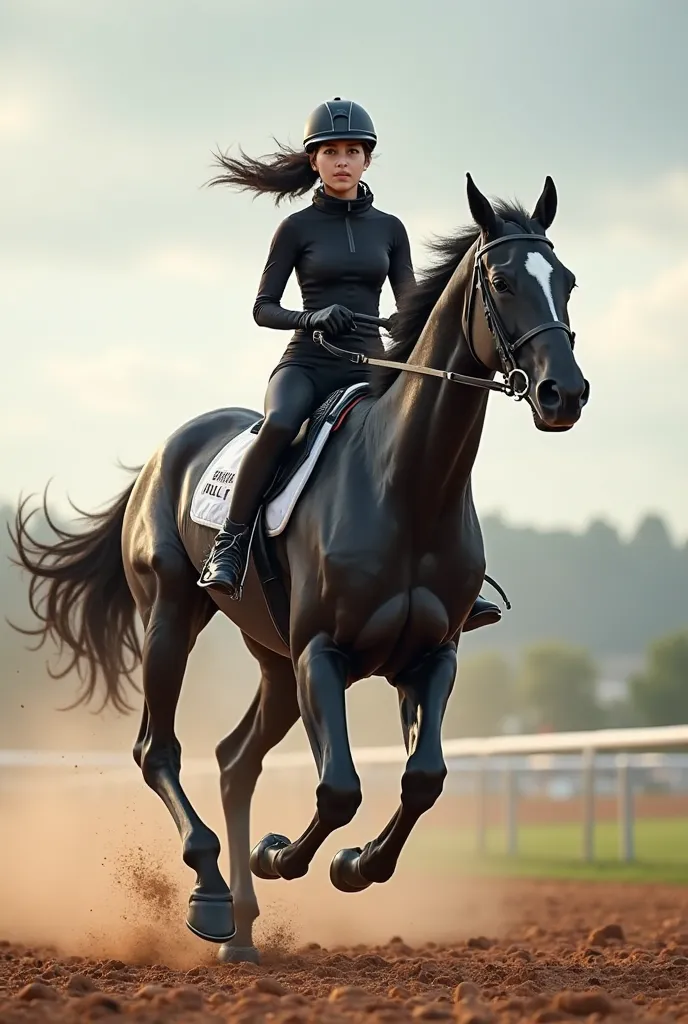 A female rider on her dark sports horse who is galloping in an outdoor track