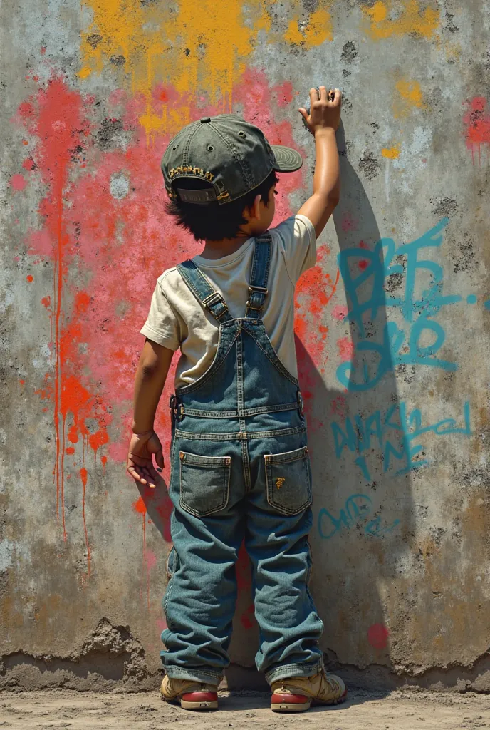 Create a picture of a boy standing in front of a wall and spraying with a graffiti can. The boy is wearing dungarees and a cappie. He raise his arm. Graffiti Style . Banksy Style