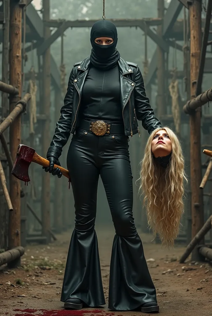 Black creepy full face lycra balaclava curvy female. - She wears long black lycra huge bell bottom pants, wide belt with huge buckle, short biker jacket, high platform heels. - She holds a severed head of a woman in the right hand, with long, blonde hair h...