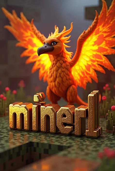 Gold logo with minecraft-style letters for Minecraft server called MinerL with a fenix in the background