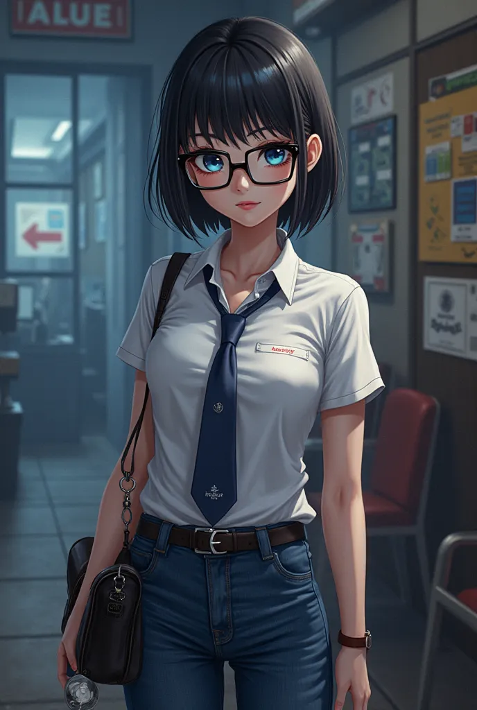 Create a girl detective heroine blue eyes black hair,  jeans, glasses, top with a tie, 