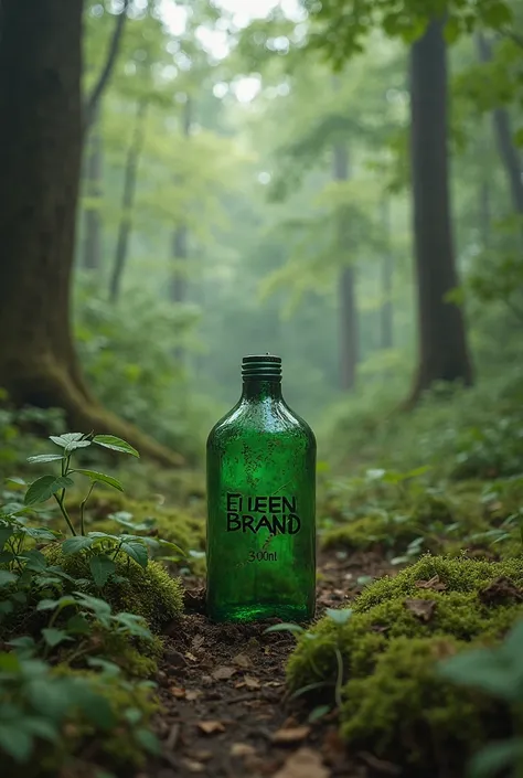 Empty 300ml shampoo bottle in the middle of the forest with the word "Eileen Brand" written on it in green balloon