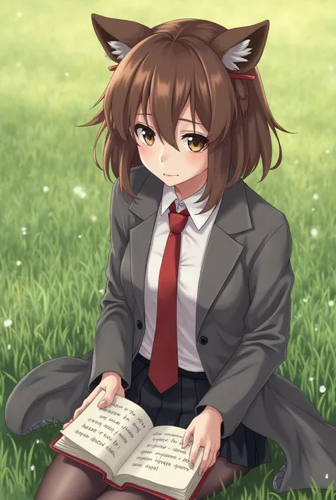  Boku no Hero Academia Template, 18-year-old girl with short brown hair with a Wolf Cut,  brown eyes, UA uniform, grey coat, red tie, sitting on the grass while reading a book with a serious and calm expression