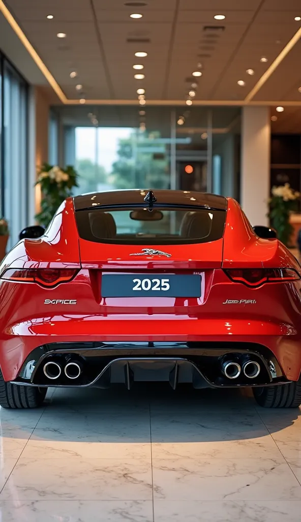 "A vibrant red 2025 Jaguar F-Type, shown from the exact back angle in a luxury showroom. The signature slim taillights, aggressive rear diffuser, dual exhaust tips, and subtle rear spoiler are visible. The license plate prominently shows '2025'. The showro...