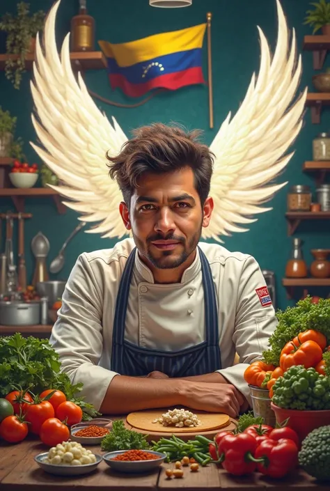 A chef with a face png, on a table with ingredients in a kitchen, In the background a Venezuelan flag and an angel with white wings