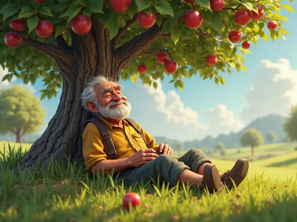 Un vieux bonhomme âgé usé par le travail ,  Resting at the foot of an apple tree  ,   Pixar funny humor  ,l homme fait une sieste 