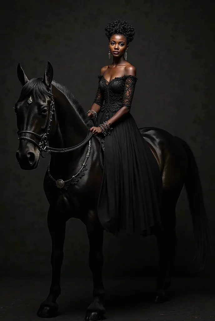 Black woman with a black dress on a black horse