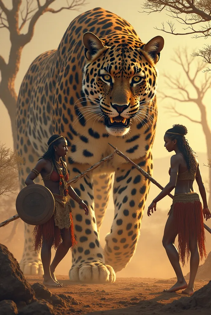 A huge leopard clashing with  2 African  warrior sisters 