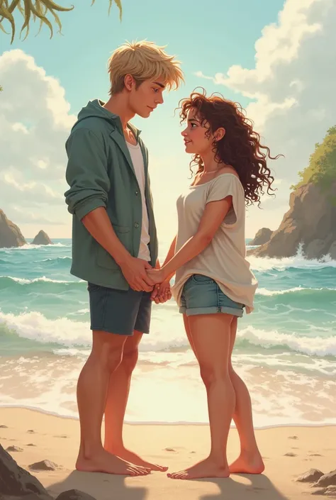 Girl with curly hair who measures 1,70, a brunette with brown eyes and wears loose clothing and her body is chubby, she is  with a boy who is tall, measures 2 gringos and blue eyes and is 21 ... make me an image of the two of them on the beach 