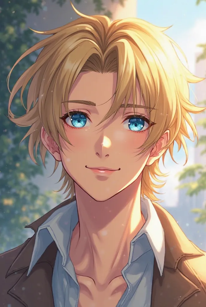 Anime realistic handsome man blue eyes and middle long blonde hair in Casual wear 
Have a little smile 