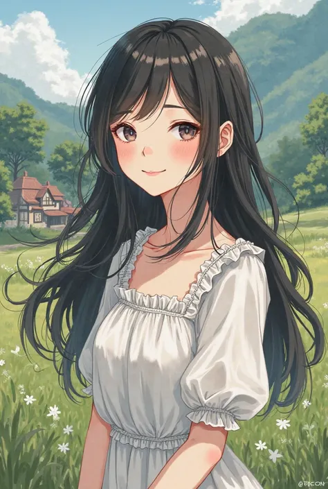 Anime square portrait and face close-up. A beautiful twenty-year-old girl from a natural village with snow-white skin and black hair, wearing a white country dress and smiling, in an anime natural setting.