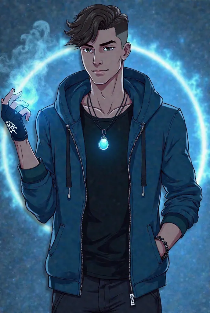 * age: 14
* male,
* height: 4'8
* weight: 55kg
* hair color: brunette 
* Hairstyle: undercut curly hair,

* sexuality: gay
 
* civilian outfit: A zipped open blue hoodie over a black distressed top and a black onyx gemstone necklace and black fingerless gl...