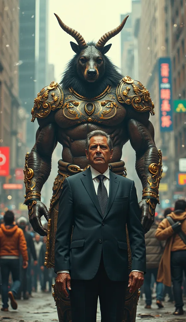 I want you to create a vertical photo of the president of Brazil accompanied by a giant, muscular humanoid with the head of an animal, a bodyguard wearing heavenly armor. The photo must show the entire composition of both and must be in a busy place 