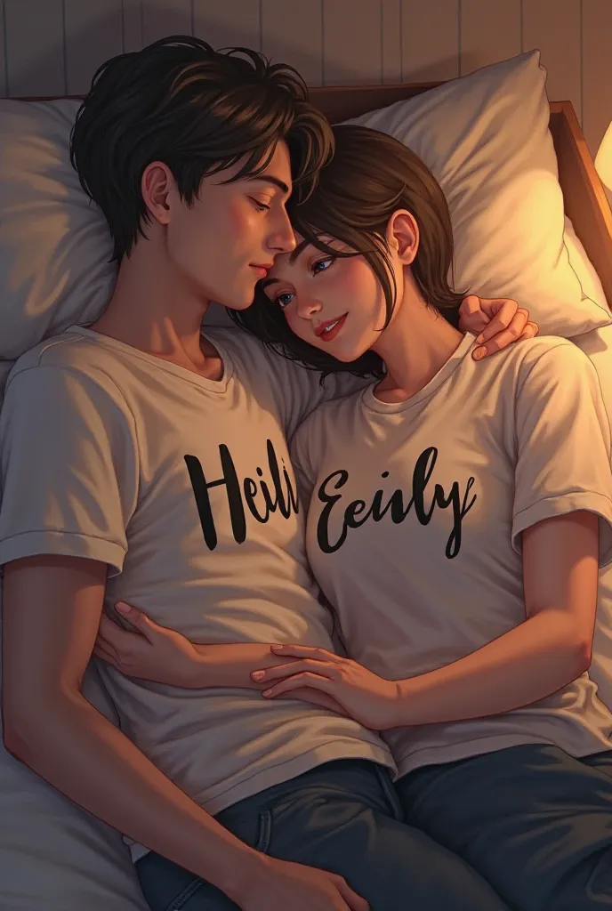 One  and one woman laying in a comfortable bed with shirts with the names Heidi and Lilly 