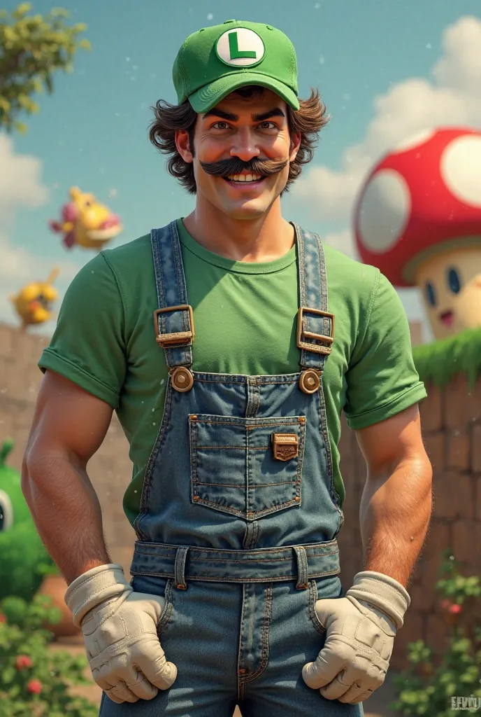 
Make a handsome man in jeans overalls with white gloves, green t-shirt, green cap with a white circle with a green L in the circle and a mustache with pipes and marios bros mushroom in the back