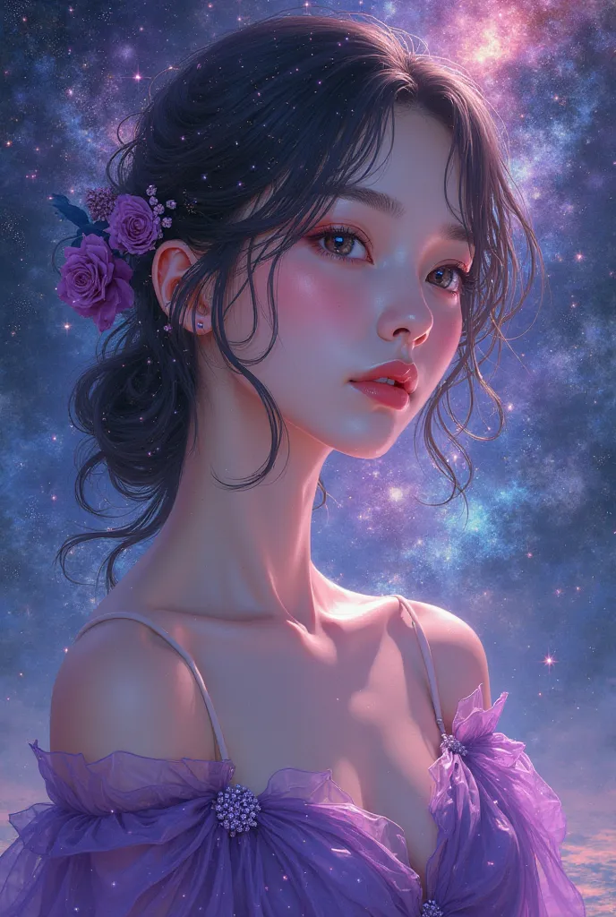 Beautiful young woman in purple clothes with galaxies in the background (anime-like image )