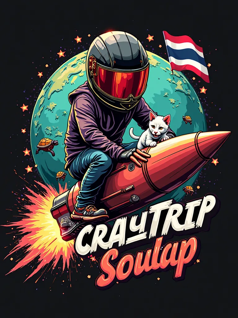  logo design ,  has a text "CRAZY TRIP No date No plan" font graffiti .
factor
-There's a boy hanging around on a rocket., Wear a black gold racer helmet and a red mirror
- Wear a long-sleeved shirt
- Have a Pit Bull Puppy,  White Kitten, turtle sitting on...