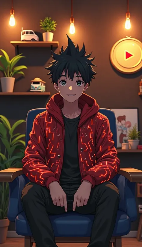 Create a image of a young male anime Cerector sitting a modern chair wearing a red black futuristic jacket With glowing circuit pattern the character has spiky black hair and the background is a dark brown wall with floating wooden shelves holding a variet...