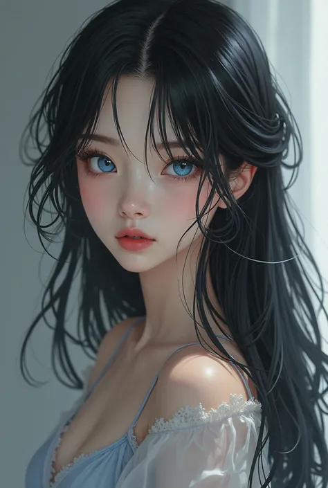  Create an image, a woman with long black hair, fair and thin skin, blue eyes, The face pulled by Asians, heart-shaped lips, Similar to Kenma from Haikyuu 

