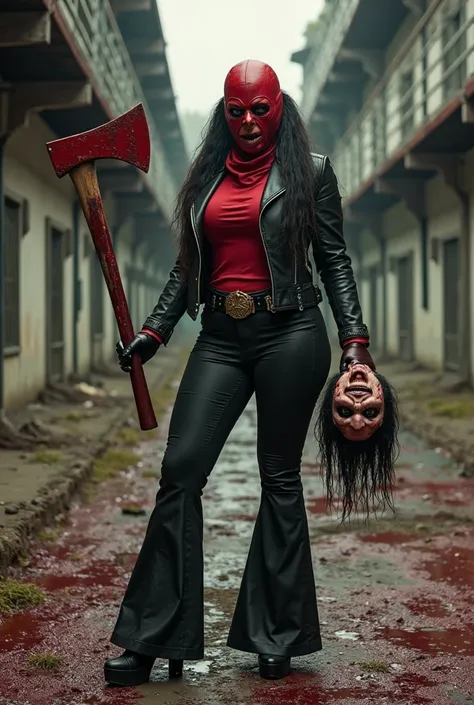 Red creepy full face leather balaclava curvy female. - She wears long black lycra huge bell bottom pants, wide belt with huge buckle, short biker jacket, high platform heels. - She holds a severed head of a ugly man in the right hand, with long, dark hair ...