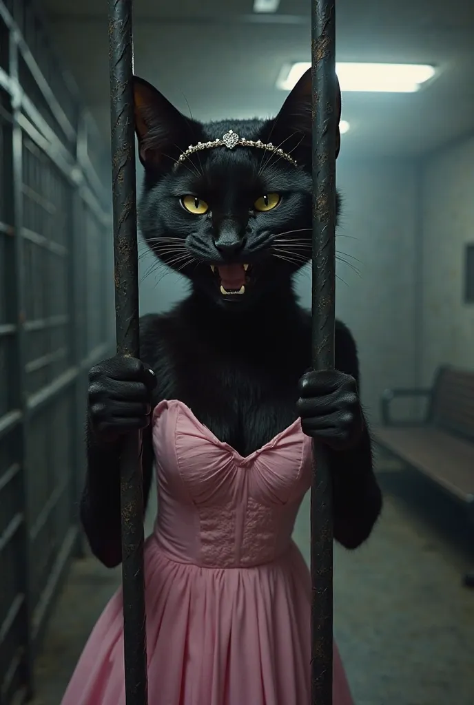 a tall black female cat with an angry expression, wearing a pink evening gown and a small tiara. The same black cat from the first image is now behind bars in a jail cell.
She is gripping the metal bars and yelling, showing frustration and despair.
She is ...