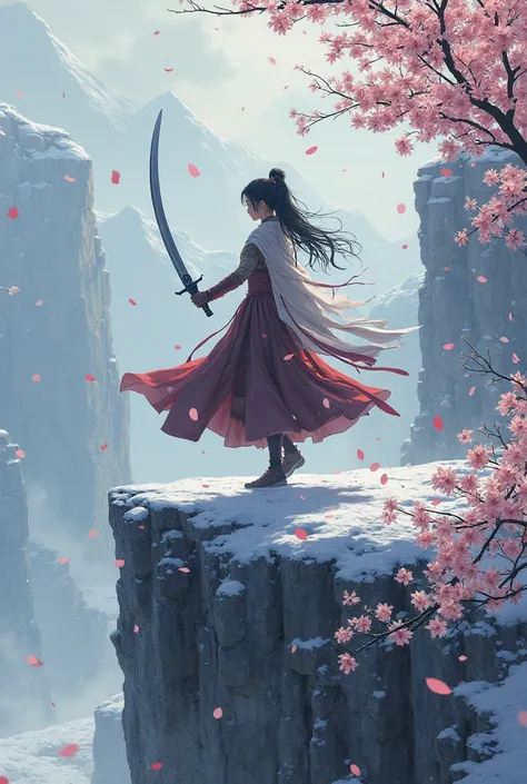 A girl dances a sword dance over dead bodies underneath her looking at them over the cliff with snow and cherry blossoms