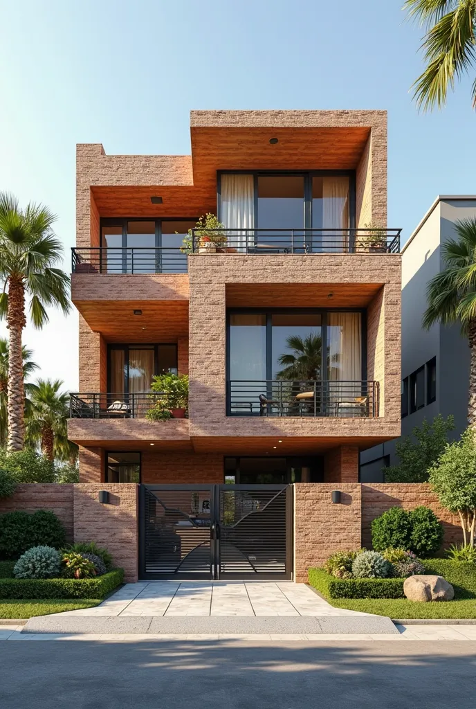 A futuristic , two-story residential building featuring a mix of baked clay bricks facades. The design includes large windows, decorative railings, and balcony spaces, enhanced by green landscaping and palm trees in the foreground. The entrance is marked b...