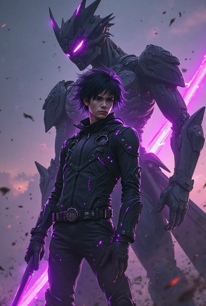 *"Epic portrait of a young warrior named Kael Ryuujin next to his powerful wick, Voidfang. Kael is 19 years old, messy black hair with bluish reflections, glowing eyes of an intense violet and a determined and dark expression. He wears a black futuristic p...