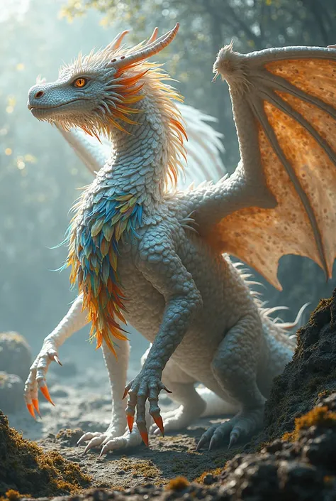 four legged dragon with white scales  with membrane wings and colorful feathers running down neck and back  