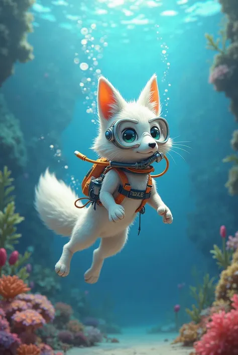 Anthropomorphic white fox in scuba gear 