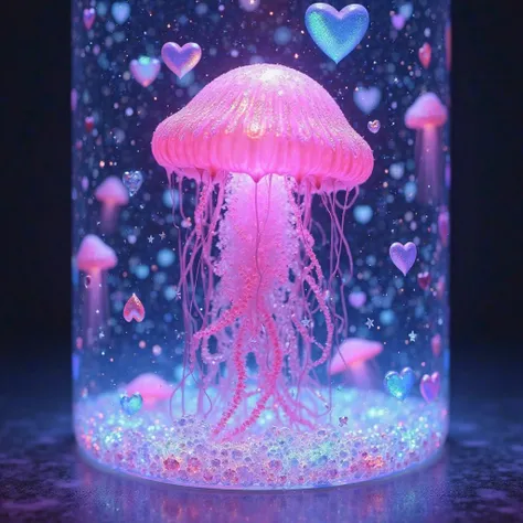 Proyección holográfica de un pink jellyfish translúcido, tierno animación 3d inside of a lava lamp abstracto, bajo el agua, glitter, pastel colored crystals, light vibrant pastel colors, soft rainbow vibes, tierno, 3d simple minimalist scene, holographic h...