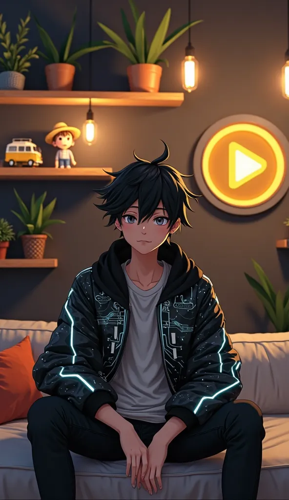 Create a image of a young male anime Cerector wearing a black futuristic jacket With glowing circuit pattern the character has spiky black hair and the background is a dark  wall with floating wooden shelves holding a variety of items: a potted plant a sma...