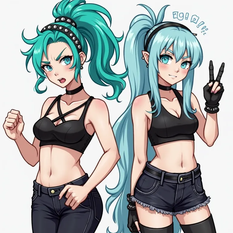 The first character has bright turquoise hair in a high side ponytail with a messy texture, giving her a bold, rebellious look. A black headband with silver studs adds to her punk vibe. Her intense turquoise eyes match her hair, with sharp eyebrows and a f...