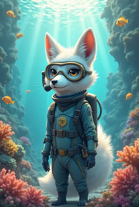 Anthropomorphic adult white fox in scuba gear 