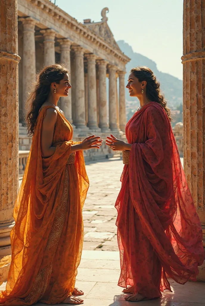 Make me a picture of 2 Greek women talking outside a palace
