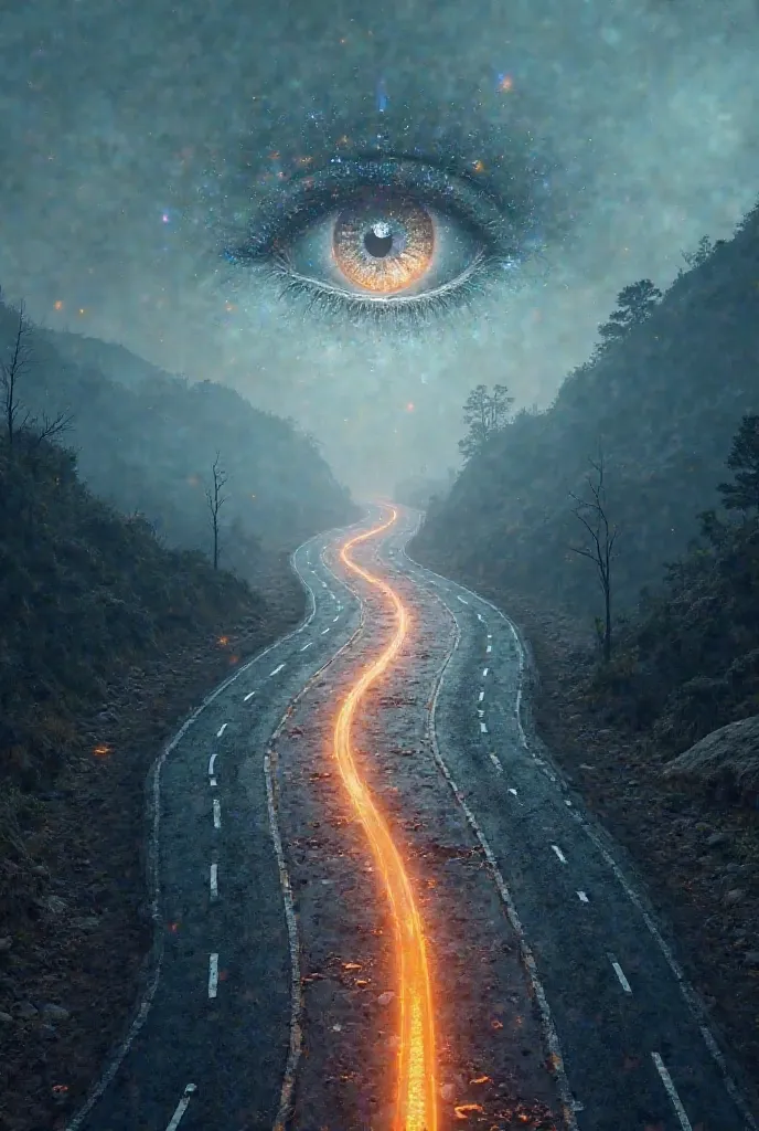 A road that divides into two paths: one full of technology and advances, And another dark and mysterious , representing the unknown. IN THE SKY, a great digital eye observing everything."