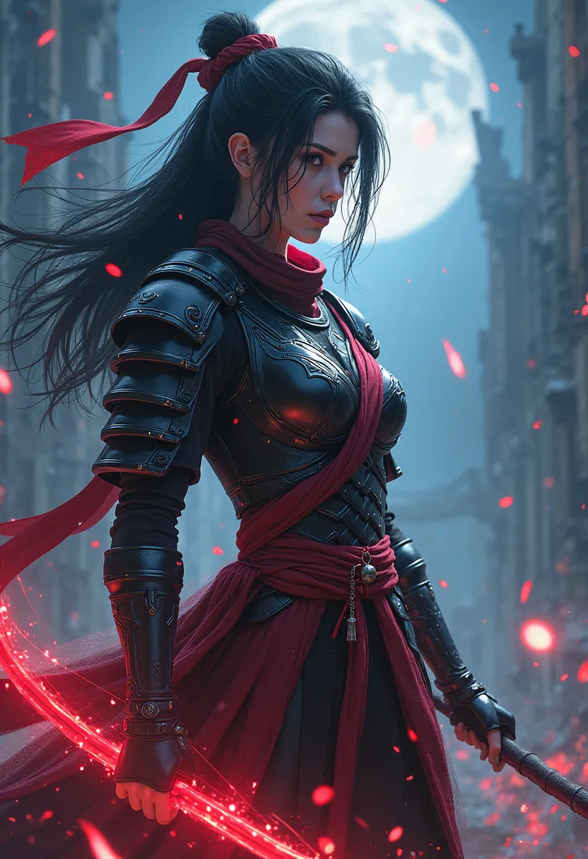 Create a female warrior character that blends the styles of a samurai/ninja and a magical archer. She wears a lightweight armor combining black steel and flexible fabric, adorned with glowing red and blue accents that signify her magical energy. Her outfit...