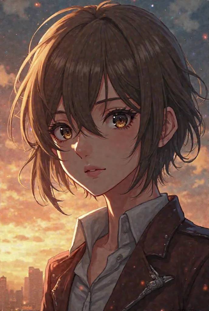 generates in anime style, attack on titan, Me with slightly wavy hair, light brown fringe, scaled with brown eyes, A nose, A mouth I'm 21 years old