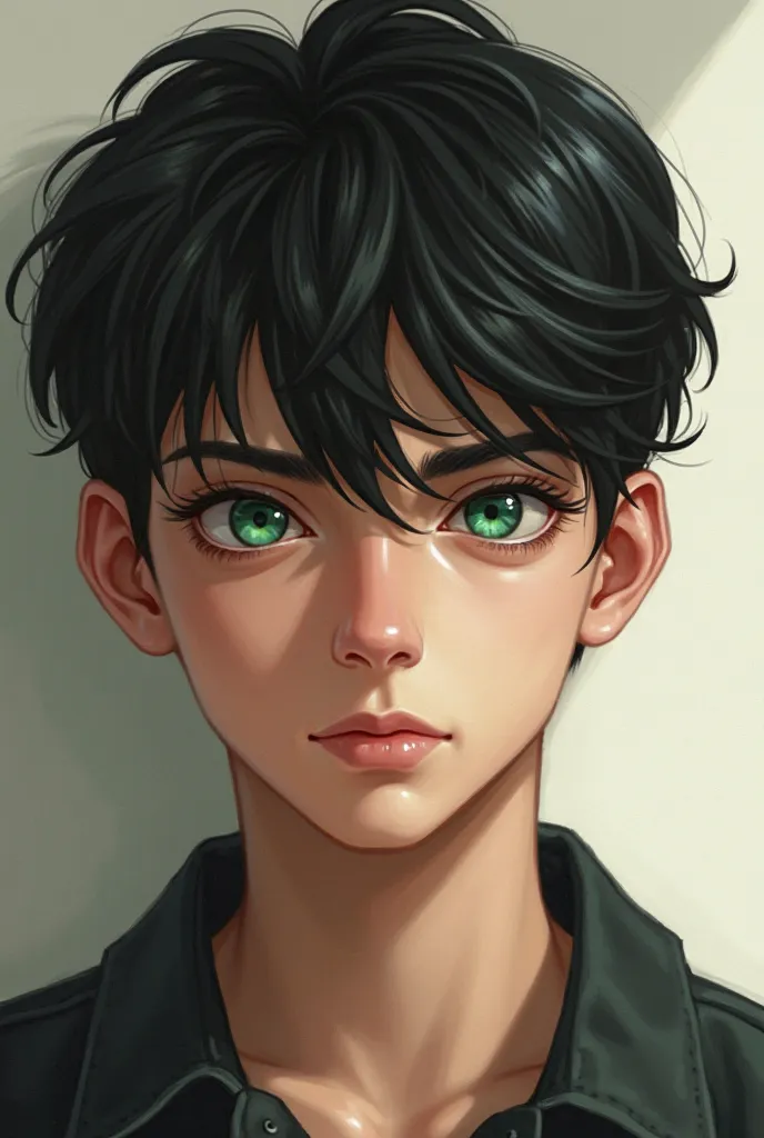 Young man with black hair and green eyes 