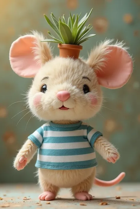 White mouse plush with human body, dressed in a blue and white striped shirt and a brown planter on top