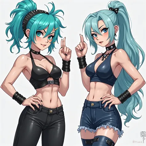 The first character has bright turquoise hair in a high side ponytail with a messy texture, giving her a bold, rebellious look. A black headband with silver studs adds to her punk vibe. Her intense turquoise eyes match her hair, with sharp eyebrows and a f...