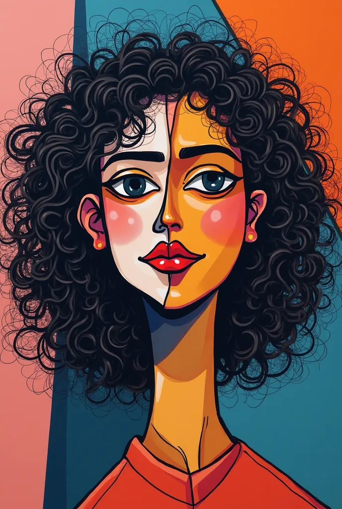 (make me a curly hair main self portrait cubism art
