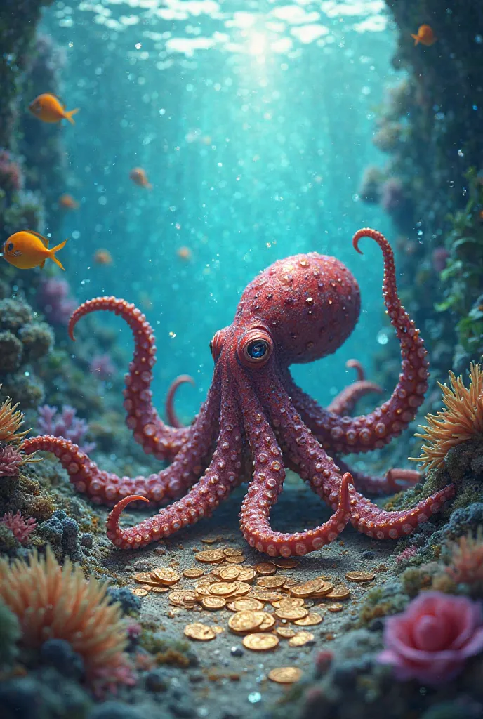 Simple story composition: octopus and treasures