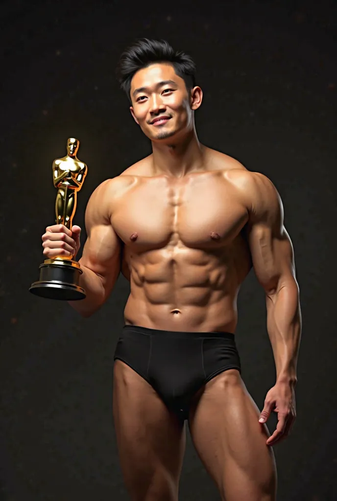 "Generate a high-quality, realistic image of a highly muscular and toned Asian actor with a chiseled jawline, expressive almond-shaped eyes, and short, styled black hair. The actor should be wearing only a tight, black speedo, showcasing his well-defined p...