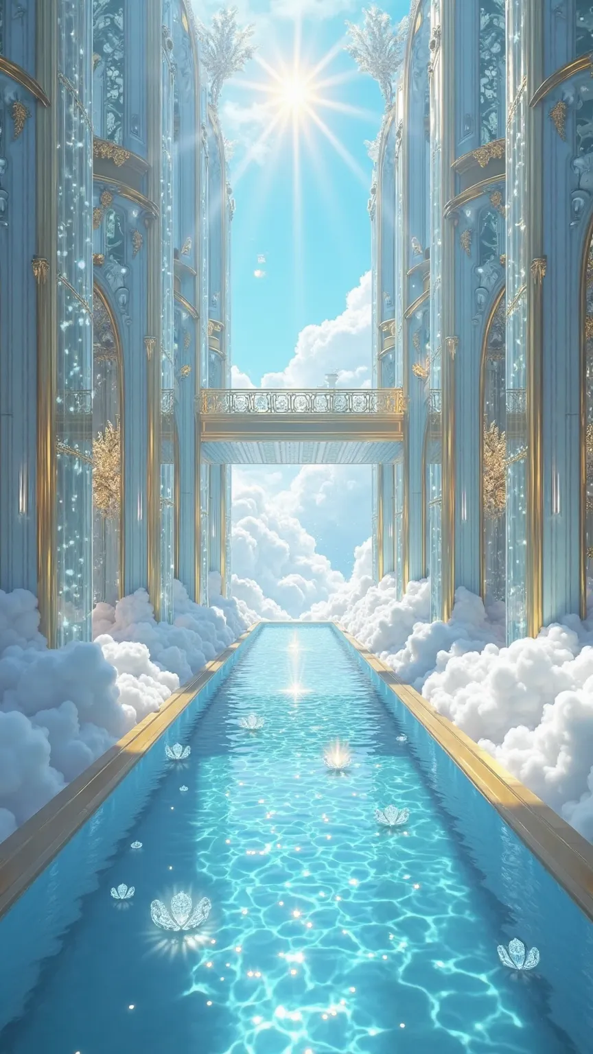 In the heart of the **Kingdom of Heaven**, a **luxurious mansion of translucent glass**, with **mirrored towers and pillars encrusted with radiant diamonds**, rests upon a vast layer of **soft white clouds**. The **polished gold-framed windows** reflect th...