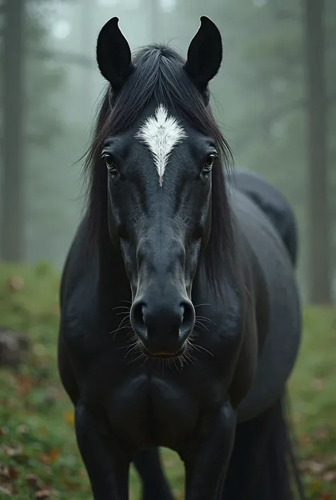 Horseblack female brown horse has white feathers on her forehead 