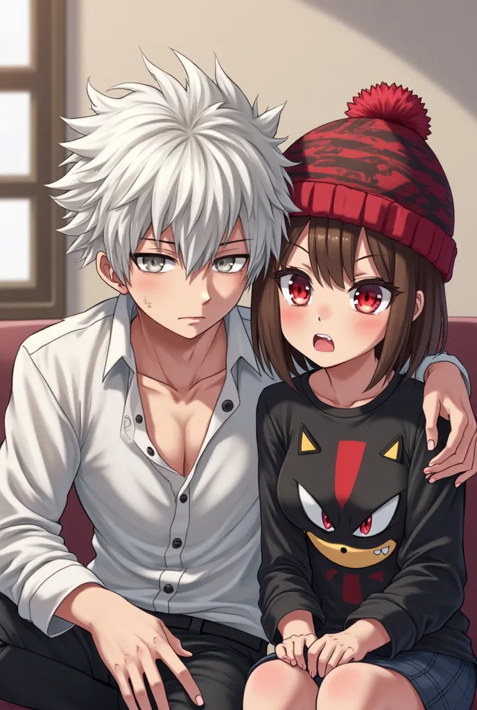 2 friends an anime man with white skin with messy white hair ,you can say that like black cotton on his head,wearing an elegant open shirt with 3 buttons on the sides, a look of boredom with white pupils and female anime with a red beanies with large strip...