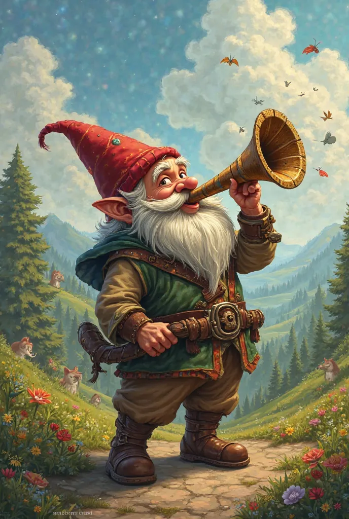 A dwarf who has turned his cone-shaped hat into a trumpet and is holding it in front of his mouth