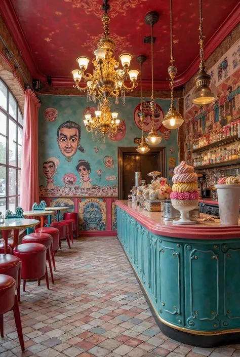 Make an ice cream shop inspired by the series Lá Casa de Papel the ice cream shop is called Lá Casa Dele Gelatos