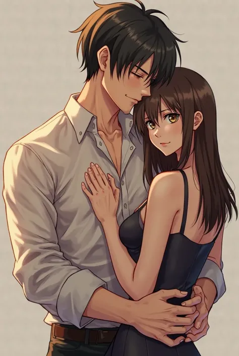 Levi ackerman of attack on titan, very strong and wearing a transparent shirt holding a brown haired girl by the waist while she just puts her head on his torso. The girl is beautiful and has nice curves but still normal